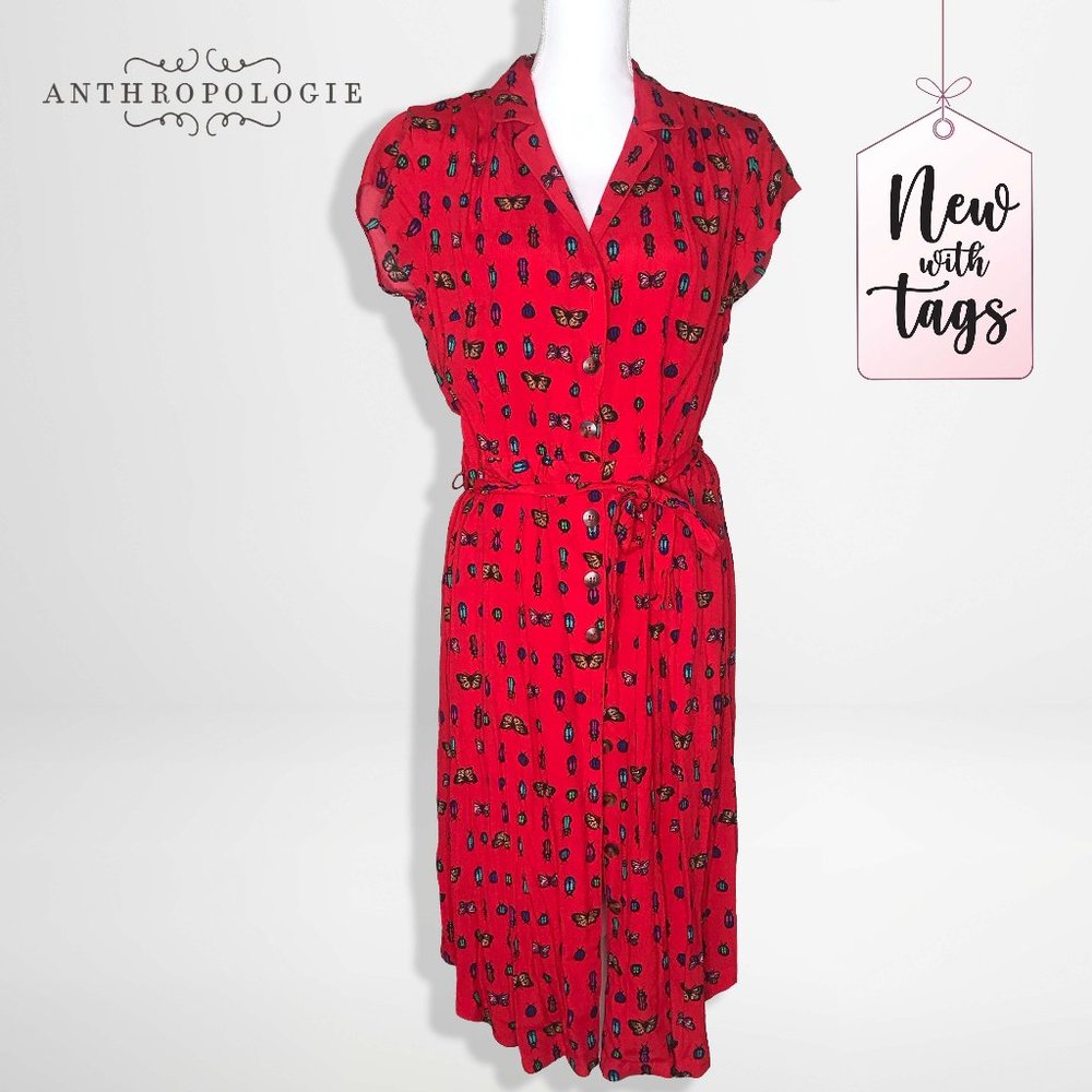 Red Short Sleeve Butterfly Button Down Plus SizeDress by Anthropologie | NWT💕🏷